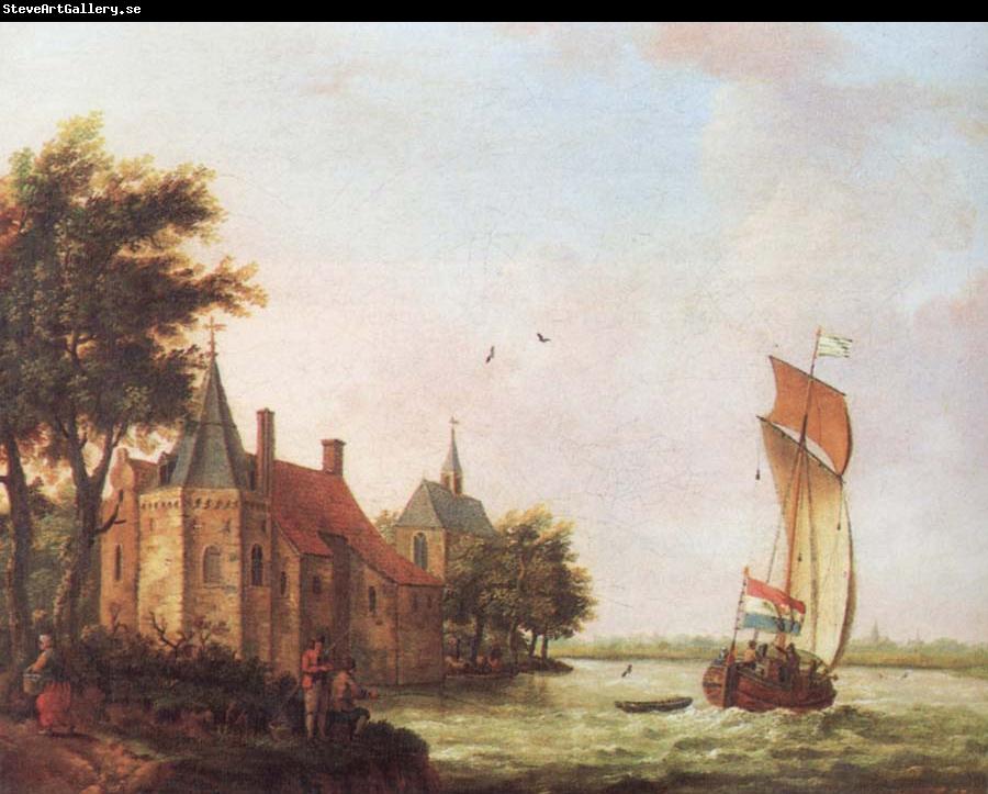 Francis Swaine A wooded river landscape in Hoolland with a Dutch hooder under sail in a brisk wind